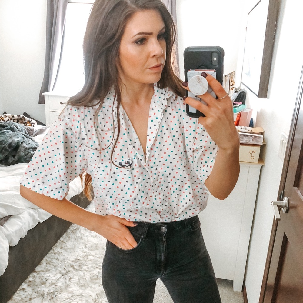 Vintage Polka Dot Pin Up button down shirt top z - Picture 2 of 7